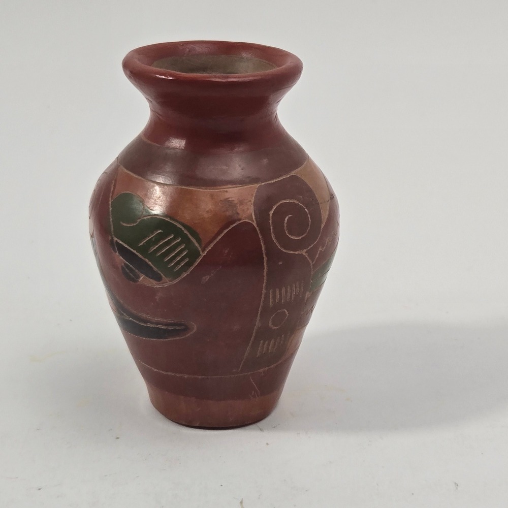 Vintage Handcrafted Terracotta Sgraffito Pottery Bud Vase Etched Folk Art 4.25"